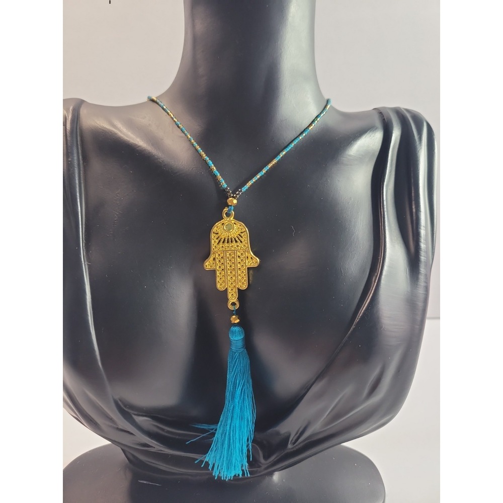 Gold Tone Hamsa Hand Blue Tassel Necklace Beaded Boho Evil Eye Protection